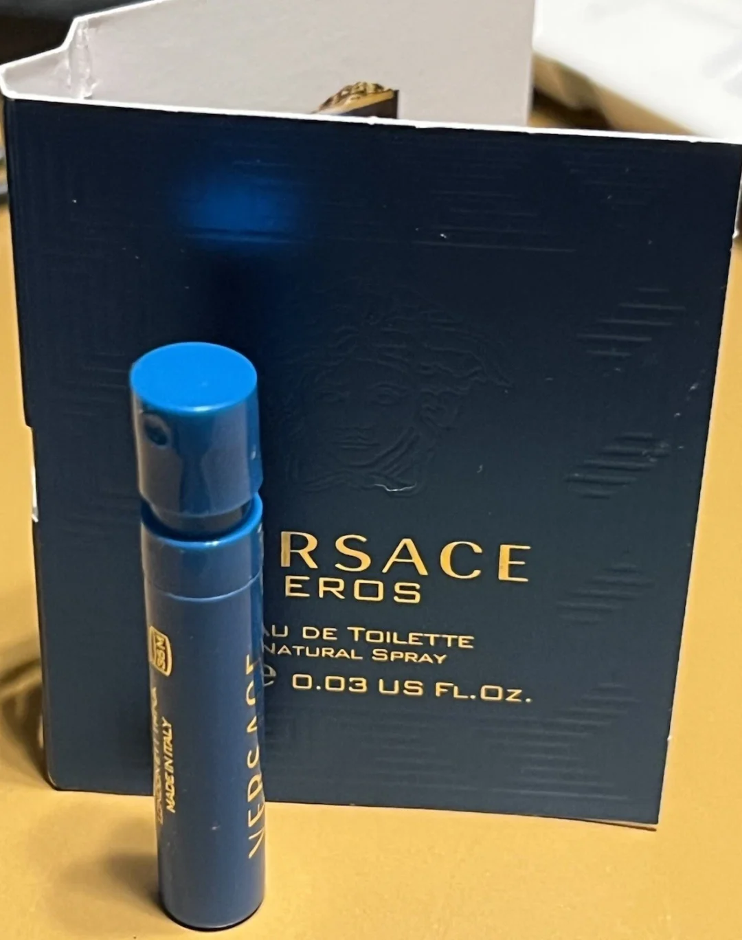 Blue Versace Eros sample spray and box