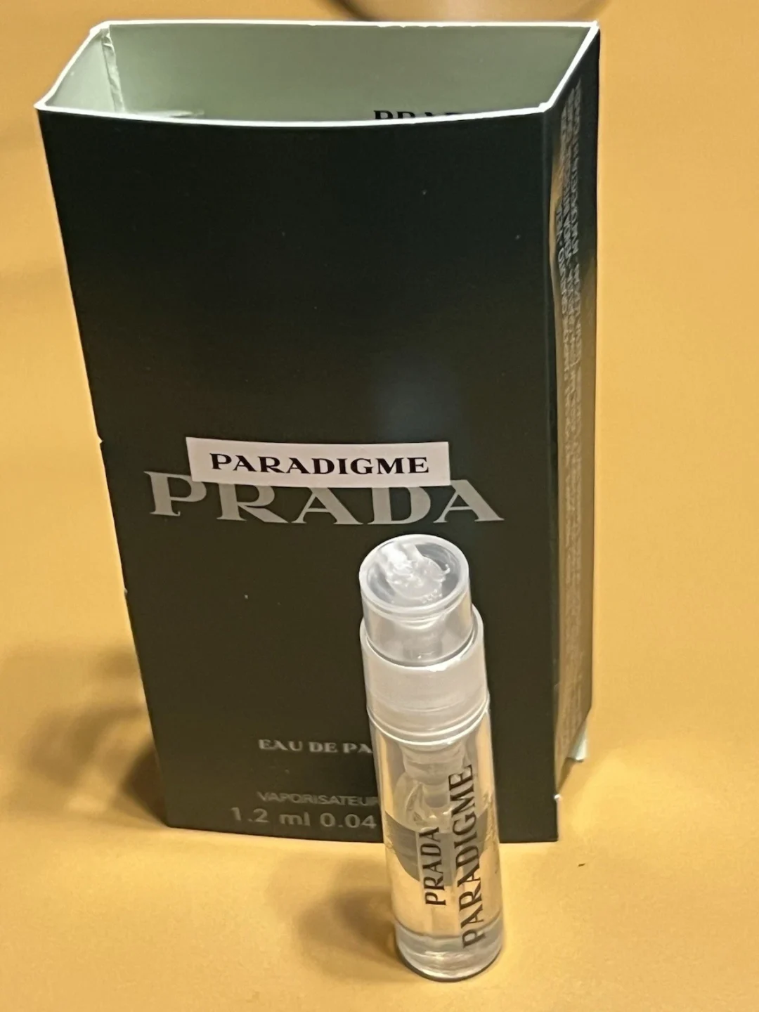 Prada Paradigme perfume sample vial and box